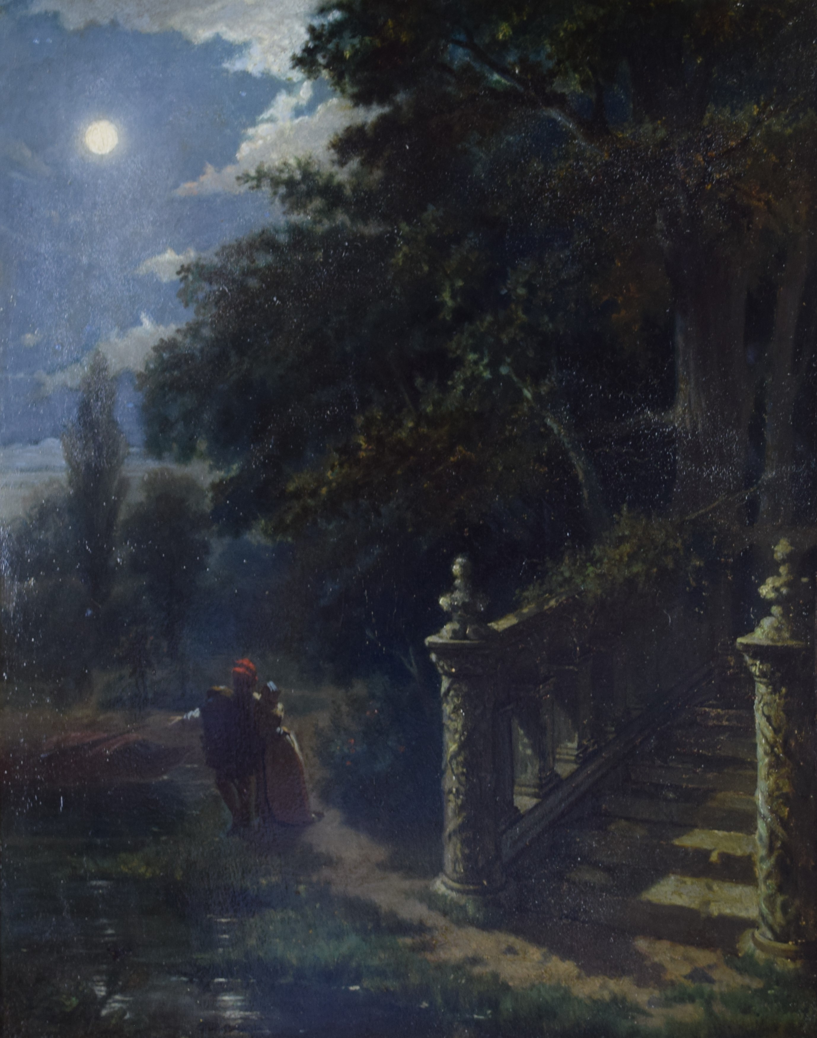 tableau Ballade romantique  Leclercq Edmond paysage,personnage,scène de genre  huile panneau 19e siècle