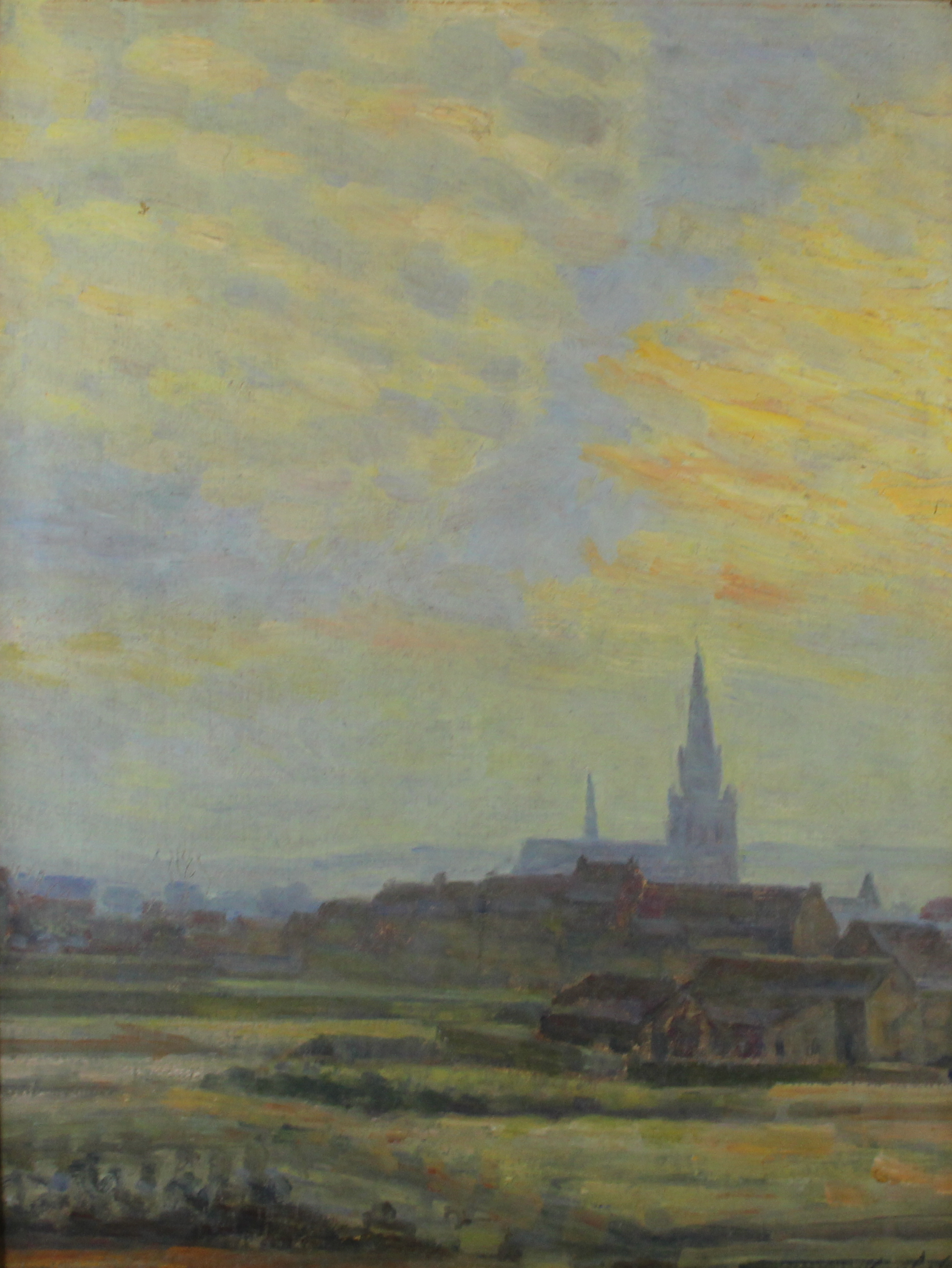 tableau Le clocher du village Pauly Georges paysage  huile carton 1ère moitié 20e siècle