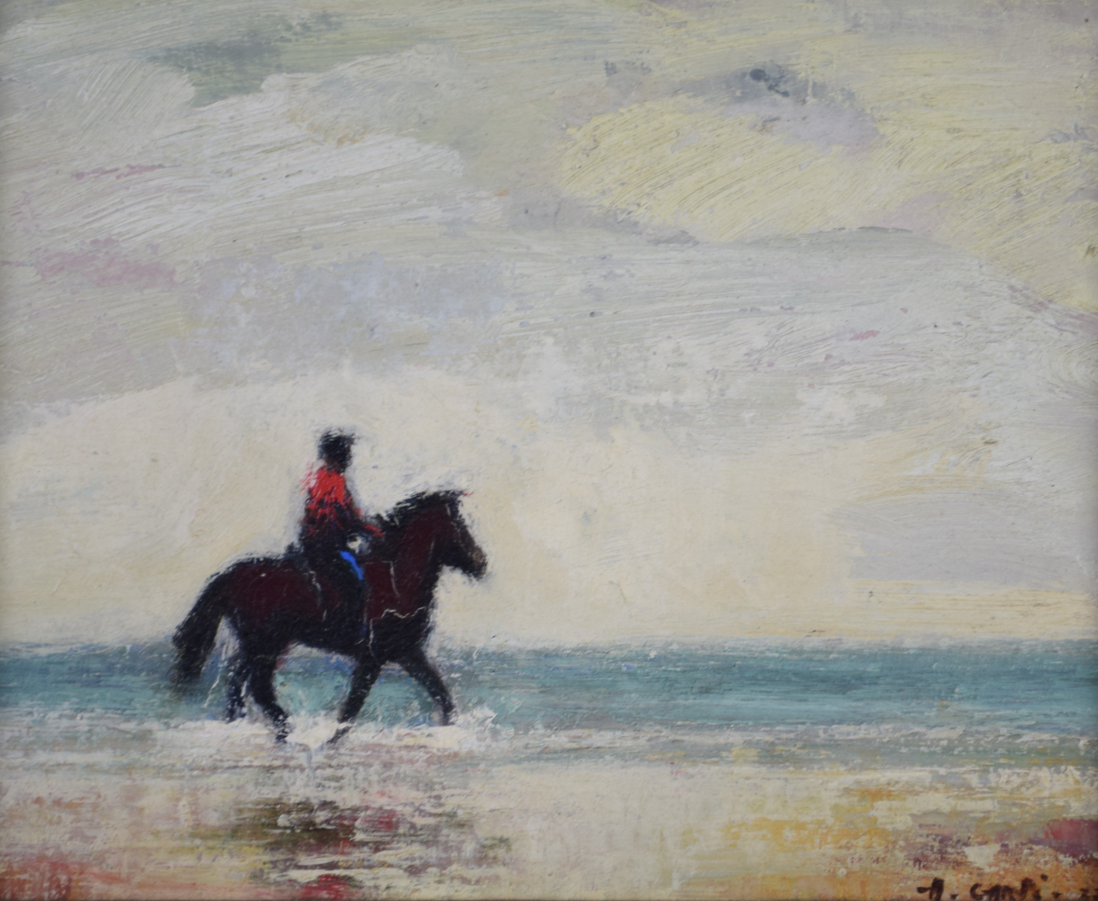 tableau Galop sur la plage   animaux,marine  huile unalite 2ième moitié 20e siècle