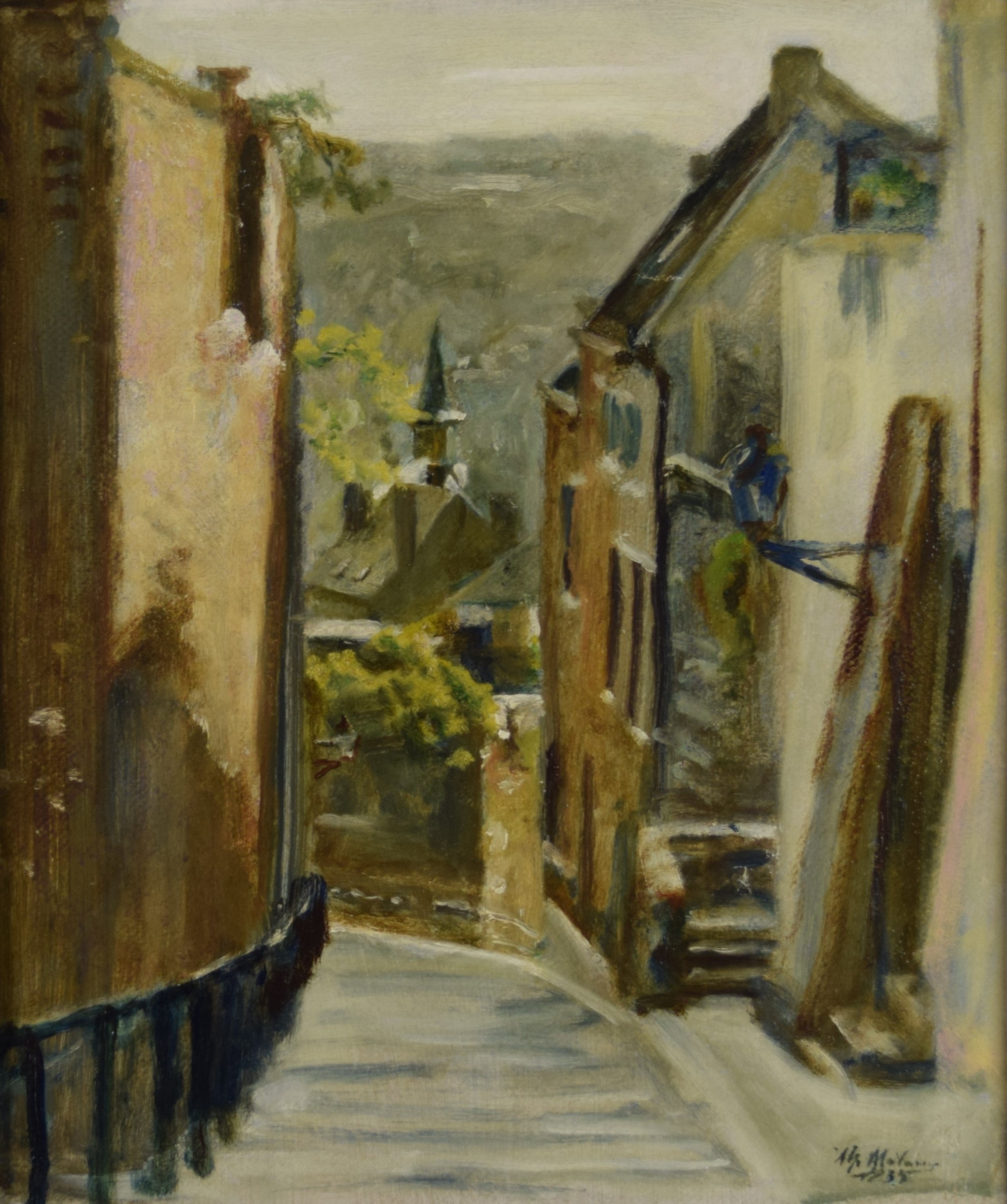 tableau Rue au Peri Liège Mataive Alphonse ville  huile toile 1ère moitié 20e siècle