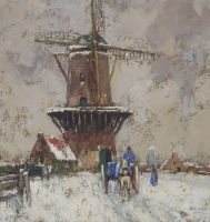 tableau Neige en flandre Cassiers Henry paysage,personnage,moulin  gouache carton 1ère moitié 20e siècle