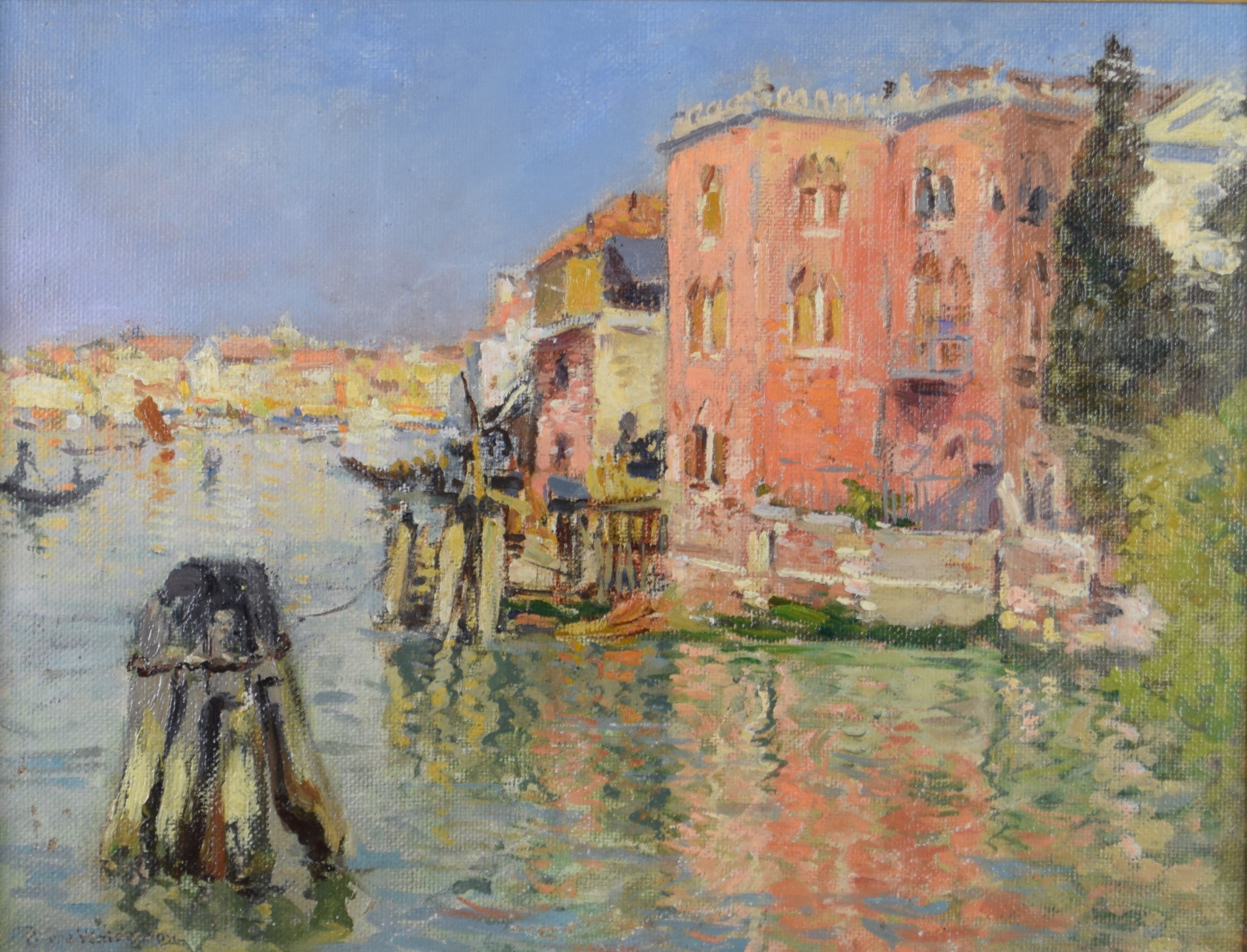 tableau Venise La casa Bono   ville  huile carton 1ère moitié 20e siècle