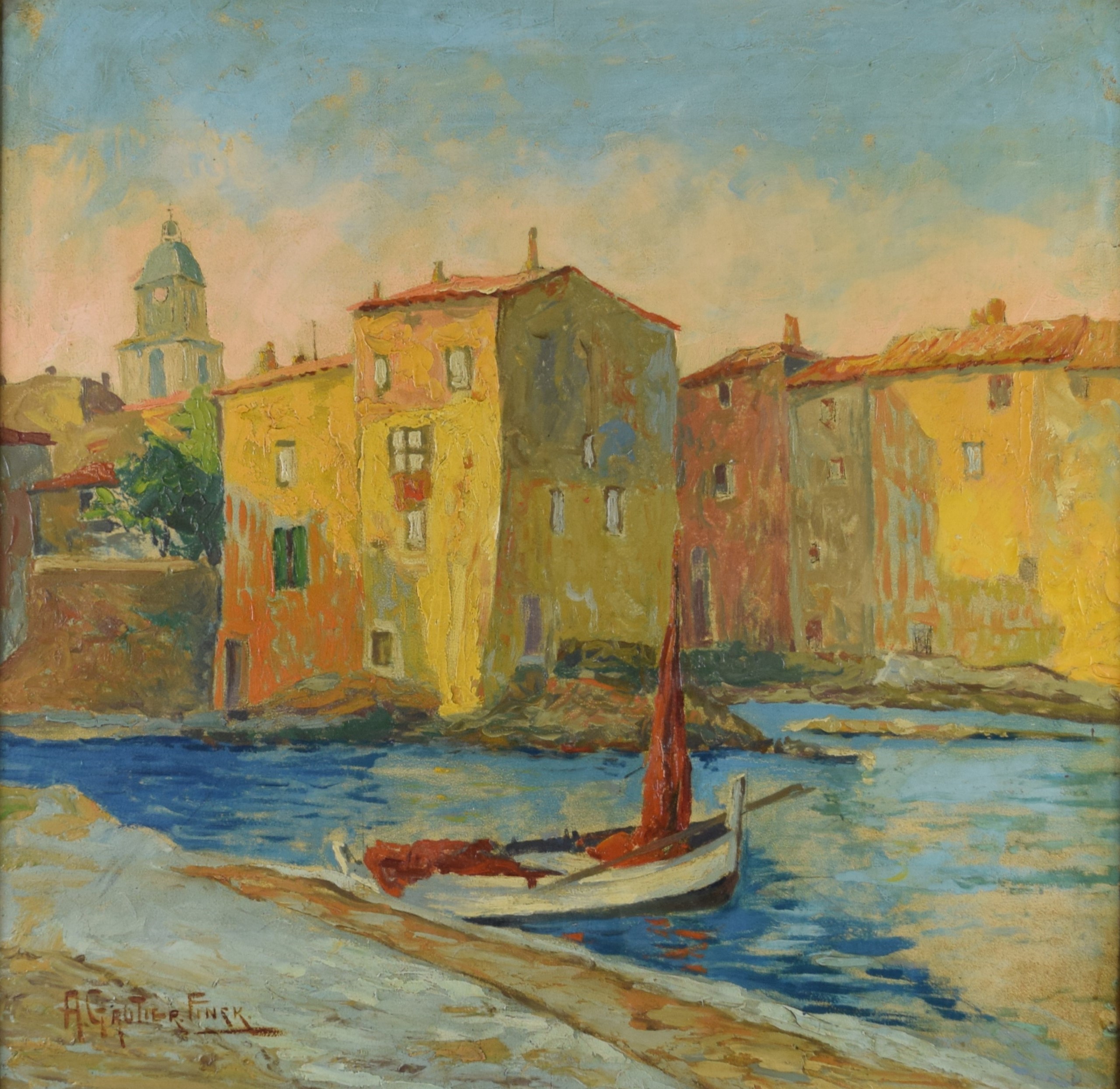 tableau Saint-Tropez    village  huile panneau 1ère moitié 20e siècle