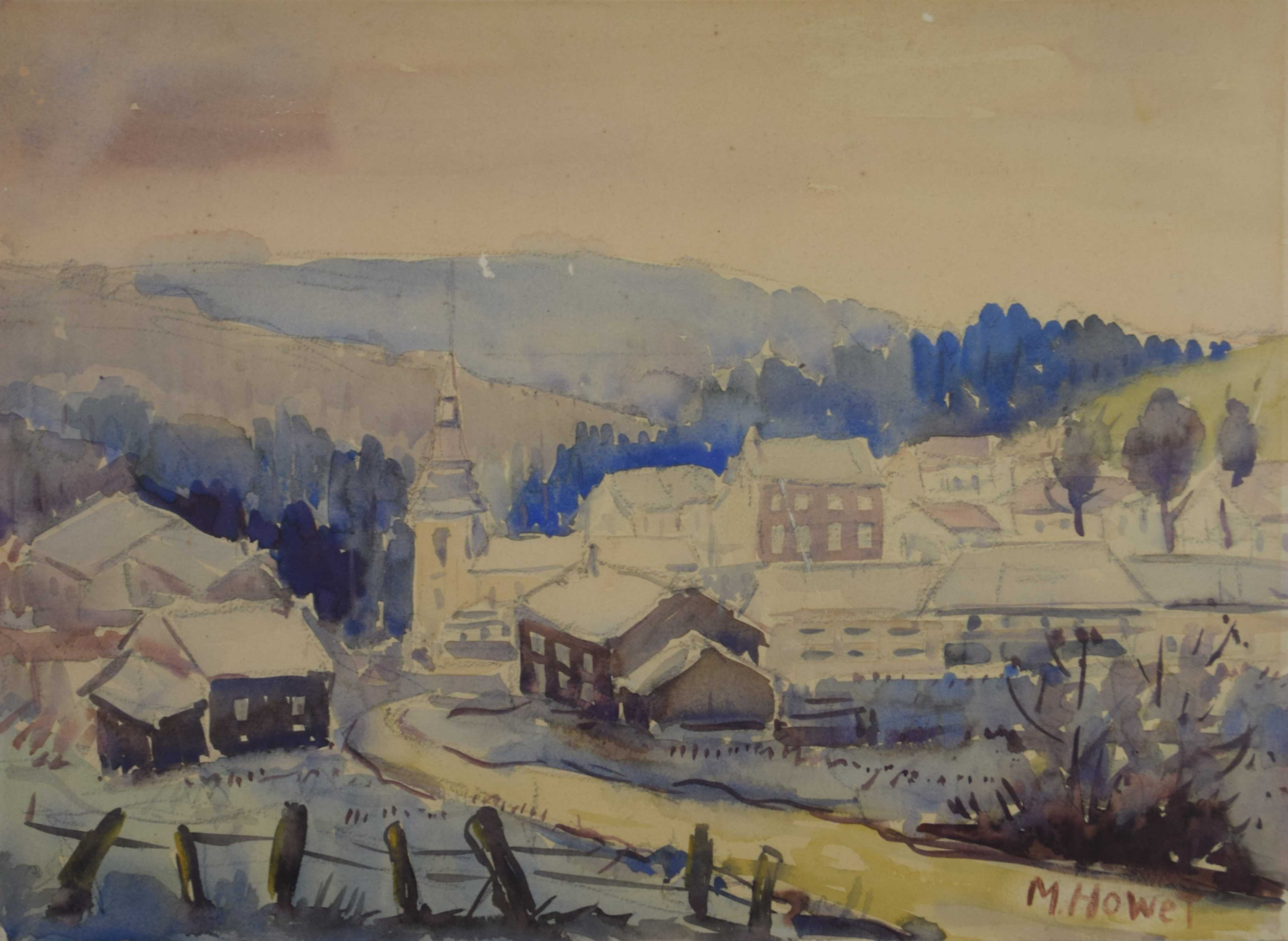 tableau Le village ardennais  Howet Marie ville  aquarelle papier 2ième moitié 20e siècle