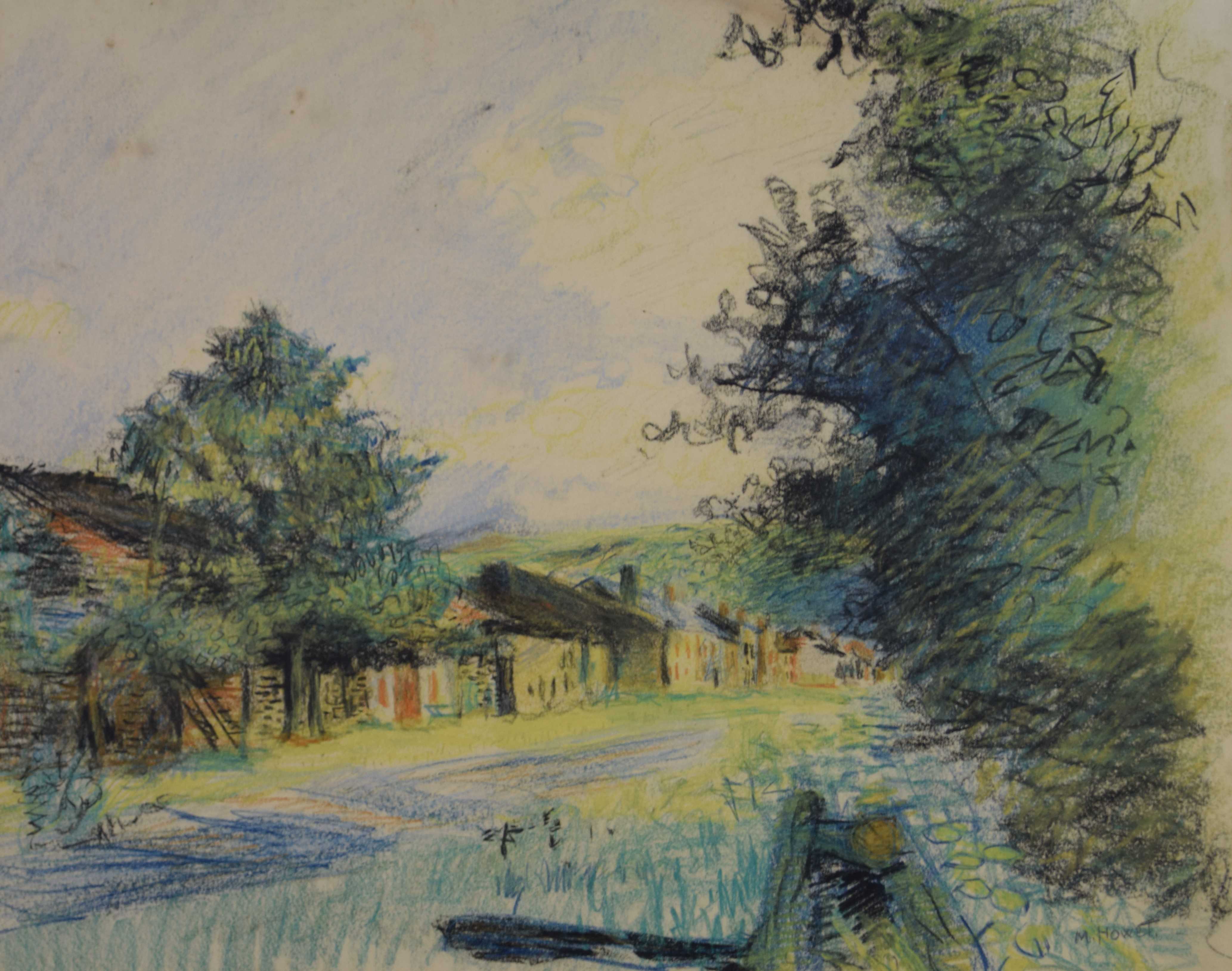 tableau Le hameau  Howet Marie paysage,village  pastel papier 2ième moitié 20e siècle