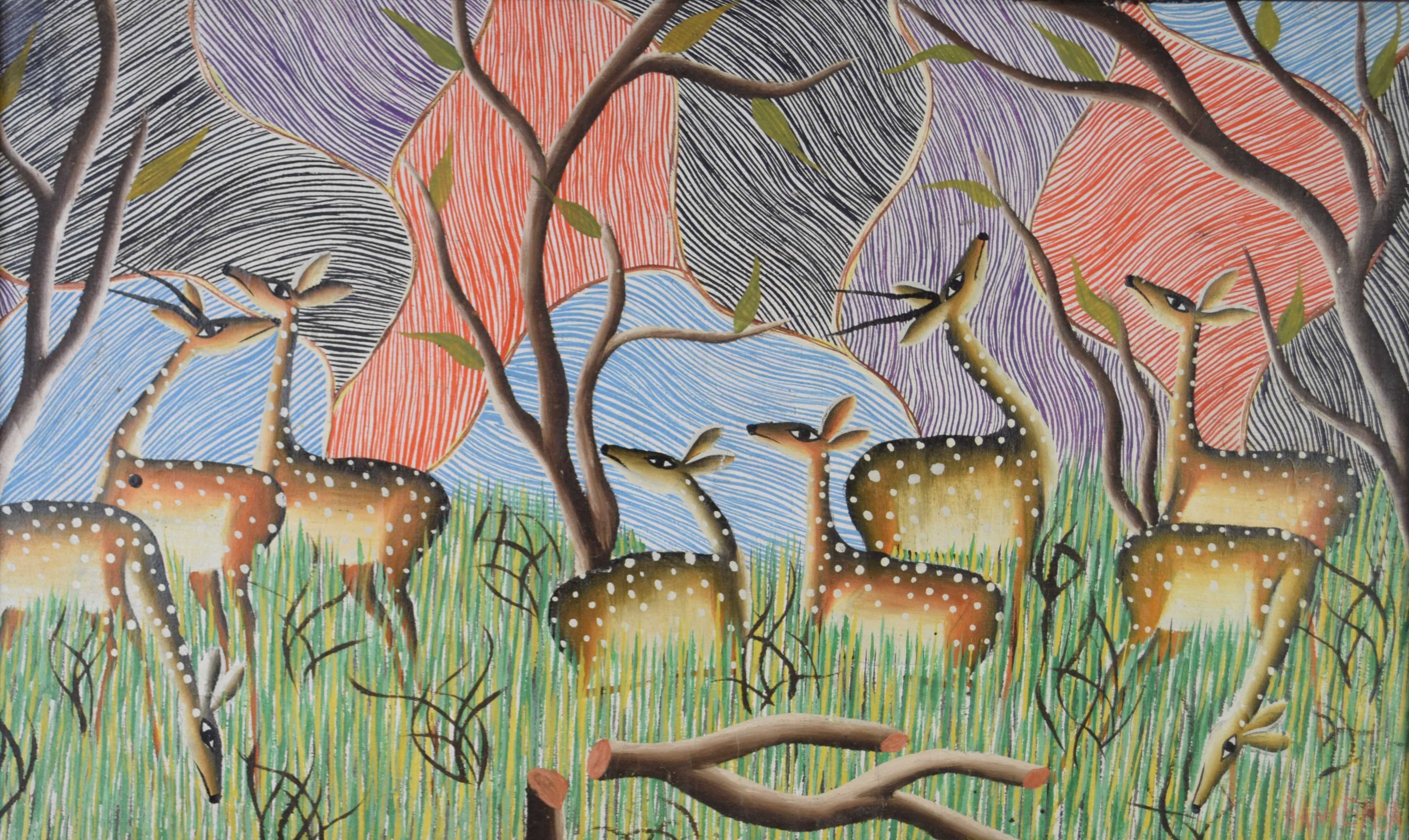 tableau Les antilopes Kaniemba Yava animaux,africaniste  huile toile 2ième moitié 20e siècle