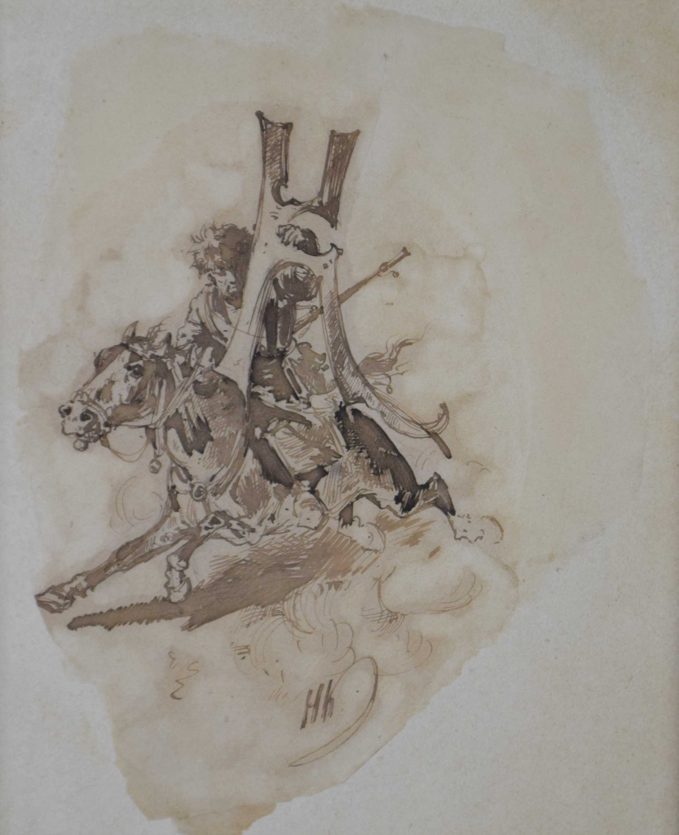 tableau Le cavalier H   animaux,militaire,personnage  lavis papier 1ère moitié 20e siècle