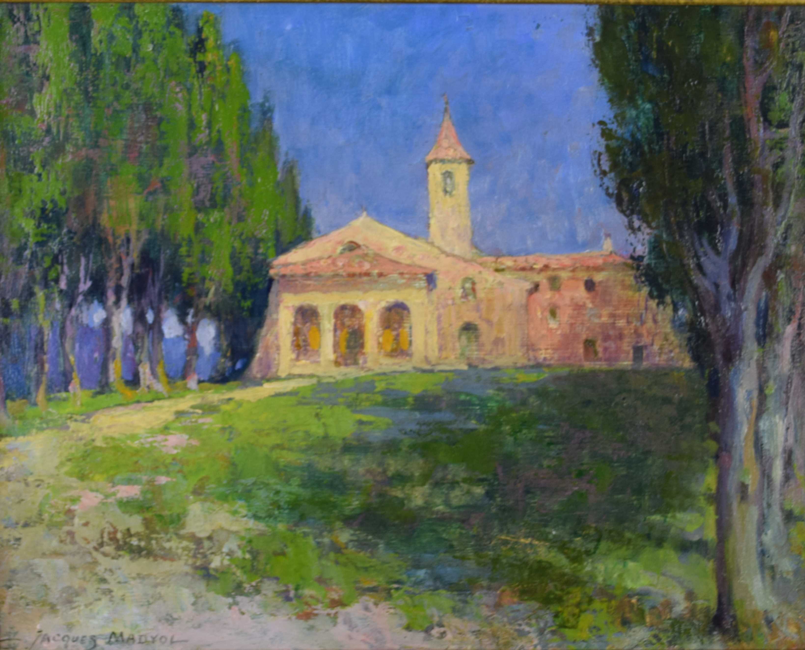 tableau Chapelle Notre Dame de Vie à Mougins Madyol Jacques paysage,église  huile panneau 1ère moitié 20e siècle