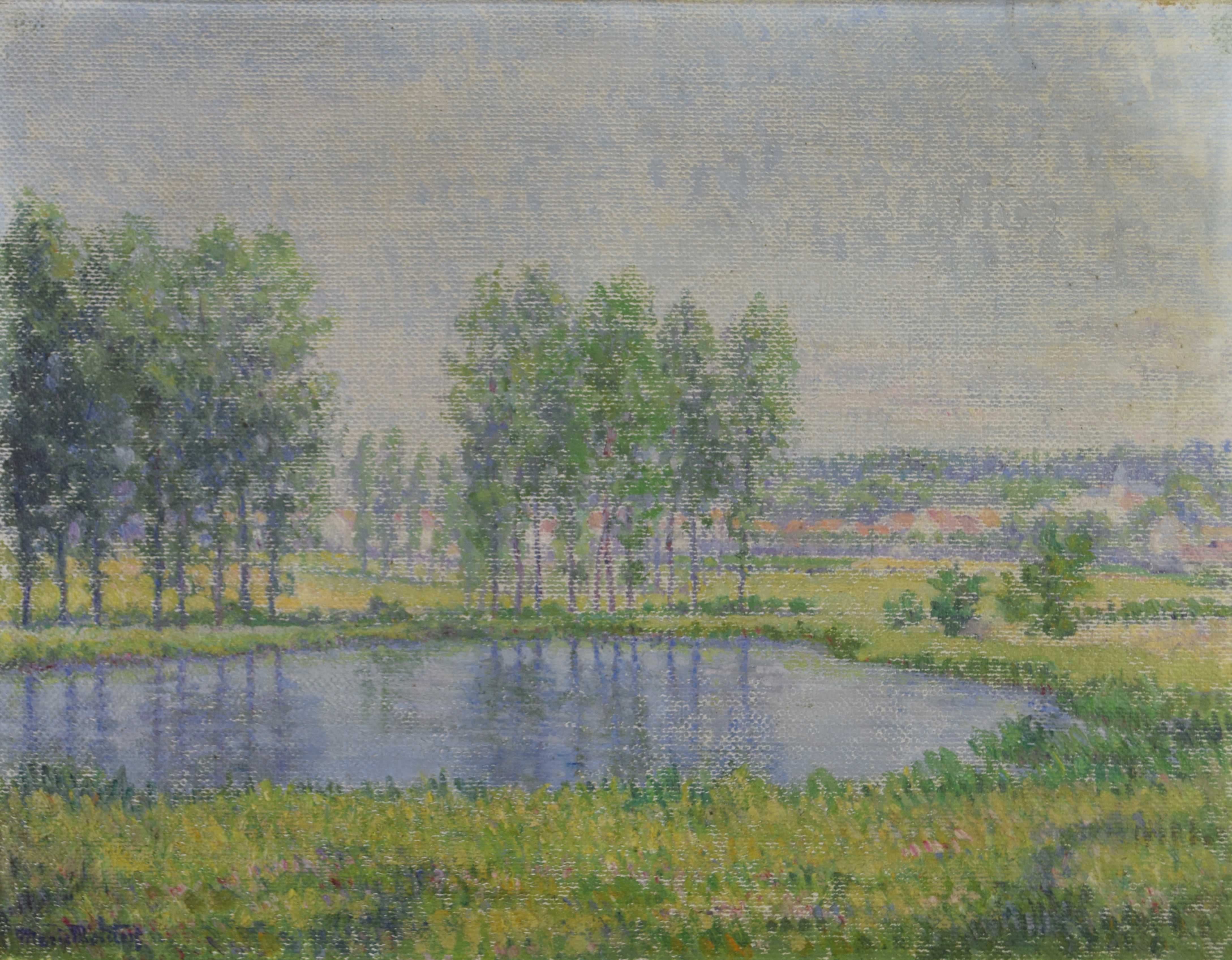 tableau Le village derrière les peupliers  Molitor Marie paysage,village  huile toile 1ère moitié 20e siècle