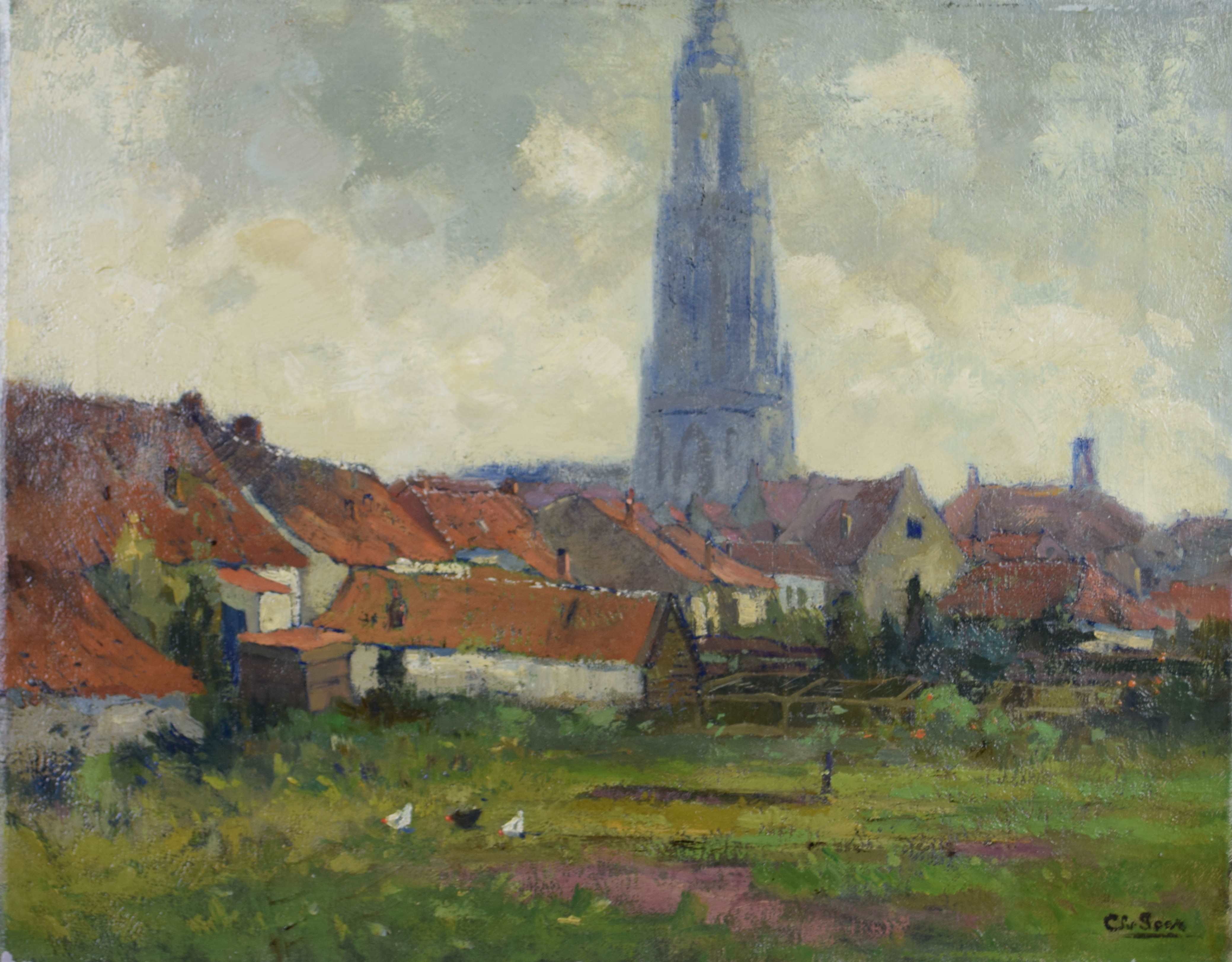 tableau Eglise de Cunera à Rhenen Soer Chris ville  huile toile 1ère moitié 20e siècle