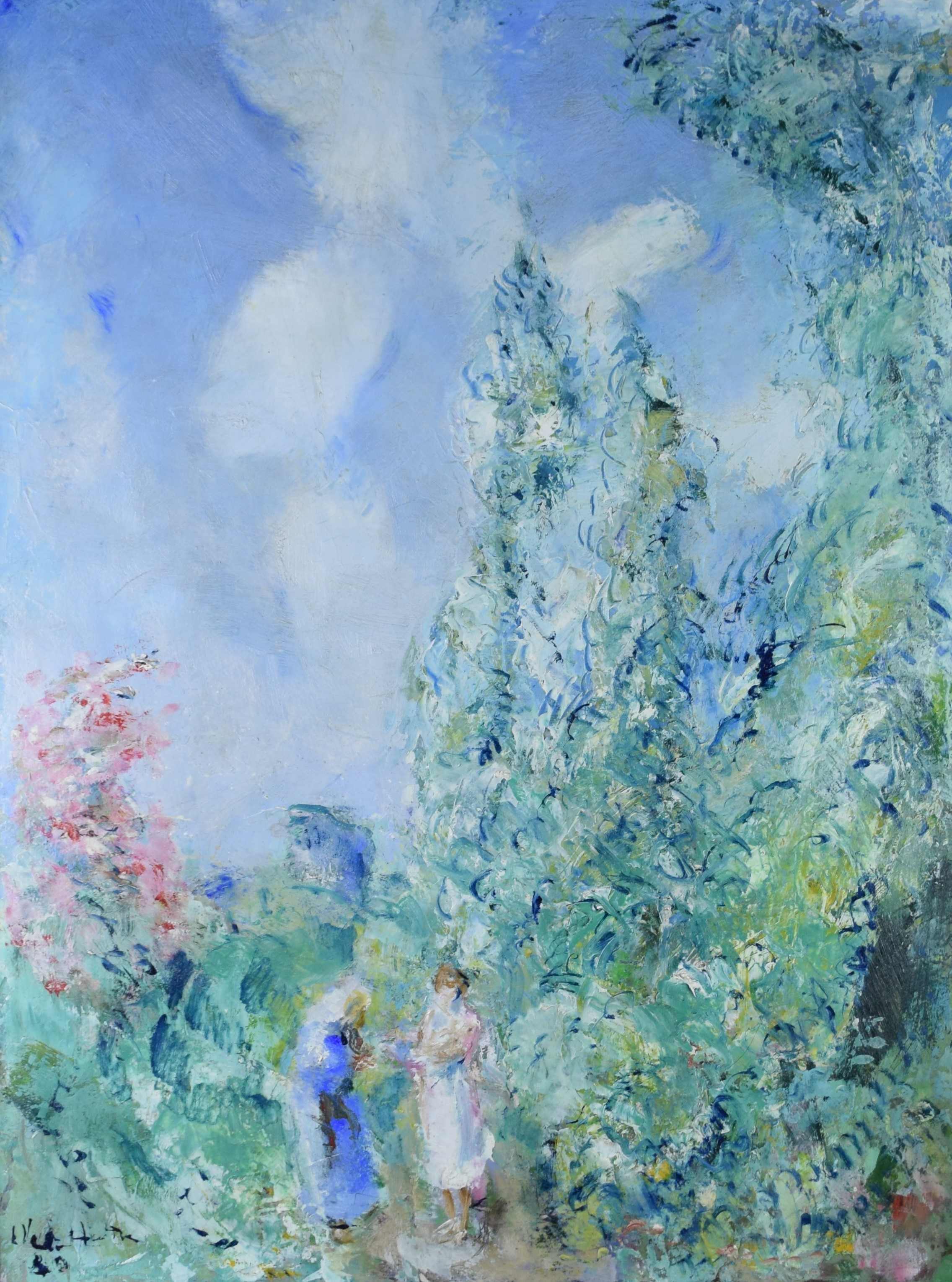 tableau Conversation au jardin Van Den Houten Léon fleurs,paysage,personnage  huile toile 1ère moitié 20e siècle