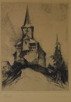 tableau Eglise de Beho Barthélemy Camille village,église  gravure papier 1ère moitié 20e siècle