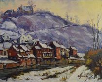 tableau Neige à Vaux sur Chèvremont Disteche (Dist) Robert village  huile panneau 2ième moitié 20e siècle