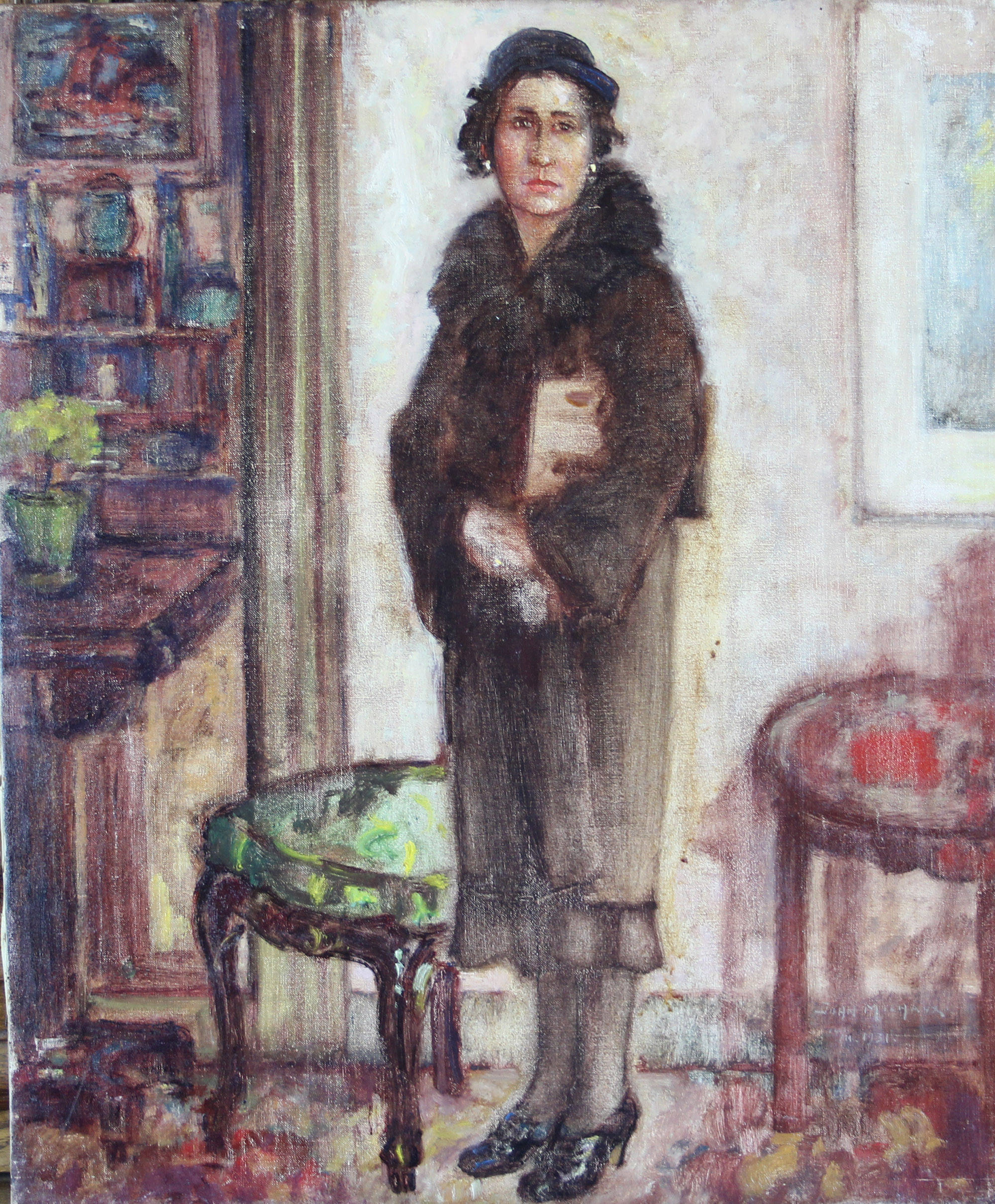 tableau Le départ Michaux John personnage,scène d'intérieur  huile toile 